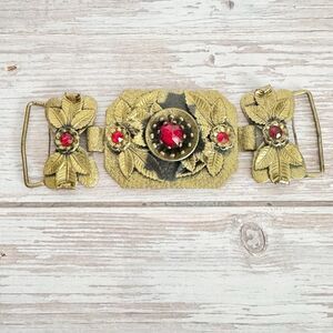 Art Nouveau Vintage Antique Bohemian Czech Garnet Red Glass Brass Sash Buckle